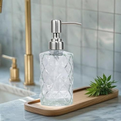 12Oz Clear Glass Soap Dispenser with Stainless Steel Pump, Refillable Kitchen Liquid Hand Soap Dispenser with Diamond Design, for Dispense Hand soap, Dish Soap, Lotion, Bathroom, Countertop, Hotel - color: Diamond Clear