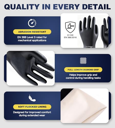 AnTools 2 Pairs Heavy-Duty Chemical Resistant Rubber Gloves, Protective Industrial Gloves for Cleaning, Dishwashing, Resist Acid, Alkali, Hazmat, Black, X-Large - size: X-Large (Pack of 2)