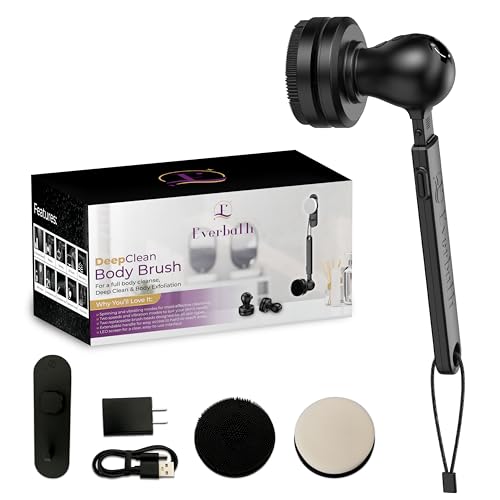 Smart Electric Shower Brush – Waterproof, LED Display, Adjustable Spin & Vibration Modes, Extendable Arm, Anti-Slip Design, Type-C Port, 2 Brush Heads,15 Showers Per Charge, Hanger & Charger - color: Black