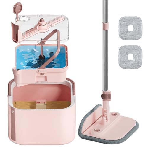 Square Spin Mop and Bucket Set with Self Separation Dirty and Clean Water System,Self Wringing 360° Rotating Mops Head for Home Floors Cleaning