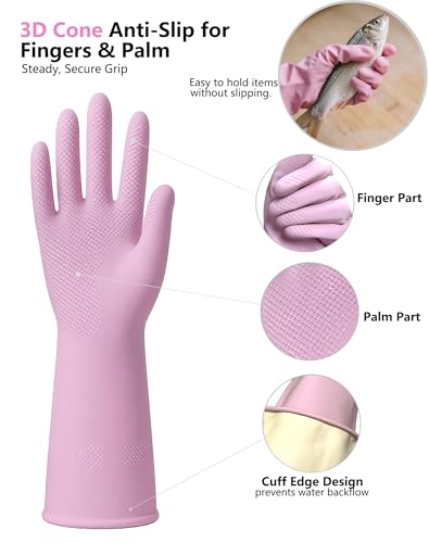 Rubber Cleaning Gloves for Dishwashing, 4 Pairs Reusable Kitchen Gloves for Washing Dishes with Non-Slip Grip