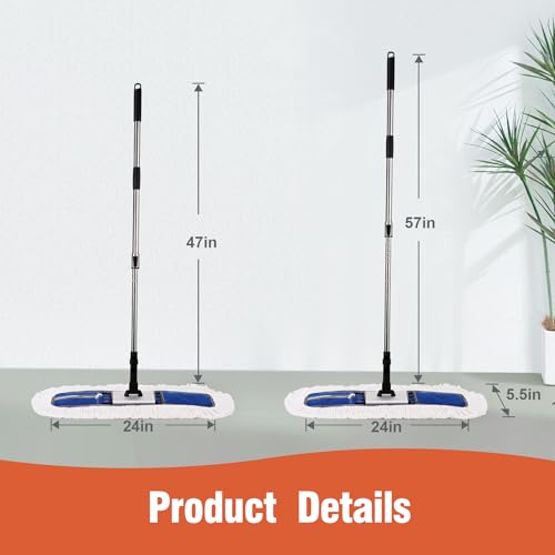 CLEANHOME 24" Heavy-Duty Commercial Dust Mop for Hardwood Floors | Large Areas - with 2 Microfiber Pads, Reinforced Telescoping Handle for Stable Cleaning in Homes, Garages & Commercial Spaces