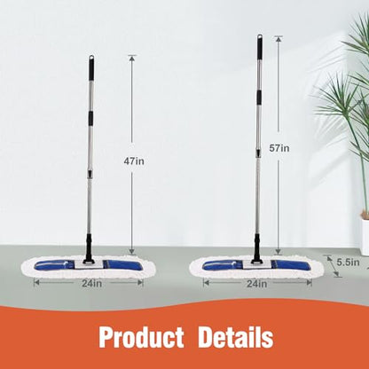 CLEANHOME 24" Heavy-Duty Commercial Dust Mop for Hardwood Floors | Large Areas - with 2 Microfiber Pads, Reinforced Telescoping Handle for Stable Cleaning in Homes, Garages & Commercial Spaces