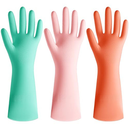 Rubber Cleaning Dishwashing Kitchen-Gloves - 3 Pairs Colorful Dish Gloves,Reusable Rubber Gloves for Dishwashing - color: Large(pink+orange+mint Green)