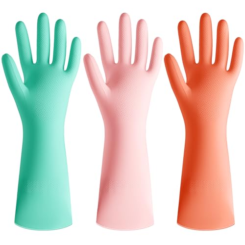 Rubber Cleaning Dishwashing Kitchen-Gloves - 3 Pairs Colorful Dish Gloves,Reusable Rubber Gloves for Dishwashing - color: Large(pink+orange+mint Green)