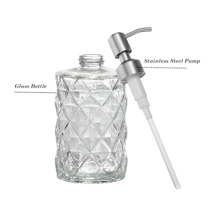 12Oz Clear Glass Soap Dispenser with Stainless Steel Pump, Refillable Kitchen Liquid Hand Soap Dispenser with Diamond Design, for Dispense Hand soap, Dish Soap, Lotion, Bathroom, Countertop, Hotel - color: Diamond Clear