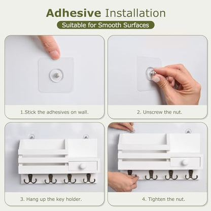 Key Holder Wall Mount, Wooden Adhesive Mail and Key Organizer with Drawer, Small Shelf, 8 Hooks, 2 Installation Methods, White - color: White
