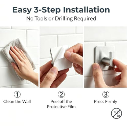 Fotosnow Adhesive Wall Hooks, 15lbs Stainless Steel Heavy Duty No Drill Towel Hooks for Bathroom Kitchen Entryway Dorm-6 Packs - color: Silver-6 Pack