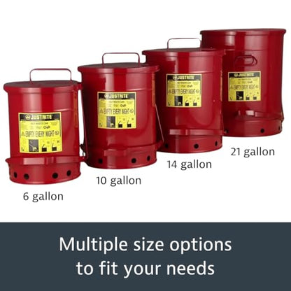 Justrite 14 Gallon Galvanized Steel Oily Waste Can, 20" x 16" Metal Oil Rag Safety Can with Foot Operated Self-Closing Lid for Oil Rag Disposal, Made in The USA, Red, 09500 - color: Red, size: 14 Gallon, style: Foot-Operated Lid