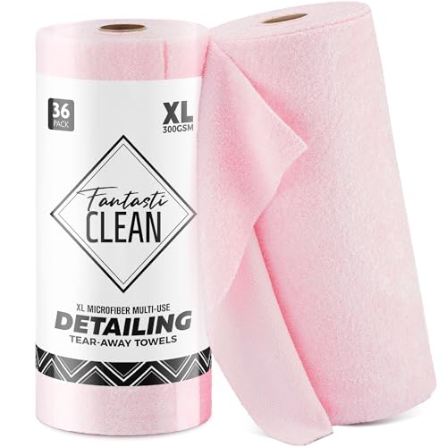Fantasticlean Thick & Large Microfiber Cleaning Cloth Roll, 16'' by 16''- 36 Sheets, Premium Detailing Towels, Ultra Absorbent, Lint-Free Reusable Wipes for All-Around Cleaning (Glossy Pink) - color: Pink, size: 16'' x 16''