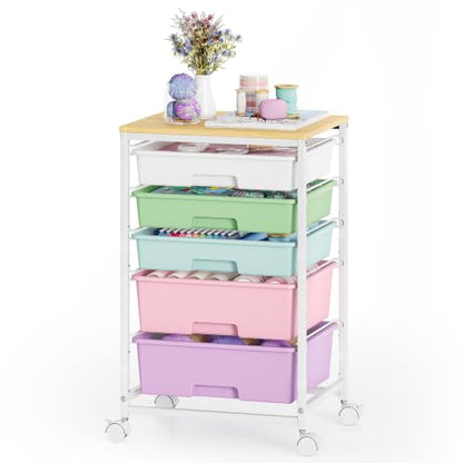 SYKIARIOL 5-Tier Rolling Utility Storage Drawer Craft Cart on Wheels with Wooden Tabletop, Mobile Craft Storage Drawer Cart Trolley for Home Office, Classroom, Craft Room & Kid Room, Ice Cream - color: Ice Cream