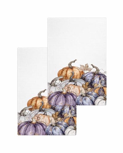 Thanksgiving Pumpkins Hand Towels Set, Waffle Weave Kitchen Towels 2 Pieces, Microfiber Hair Face Bath Tea Towel Absorbent Quick Drying Cleaning Dish Cloths, Autumn Botanical Maple Leaf 15.7"x23.6" - color: Purple Orange White, size: 2PCS,15.7"x23.6"