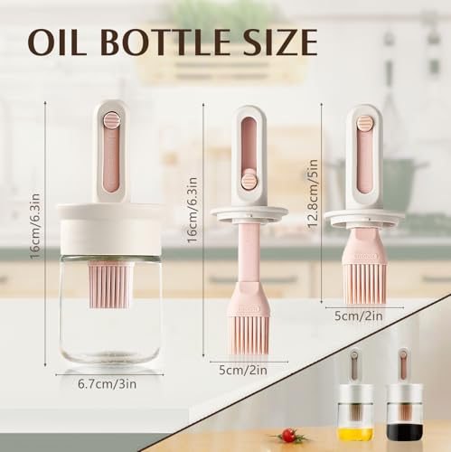 2 Pack Oil Dispenser with Brush, Glass Olive Oil Dispenser Bottle with Telescoping Silicone Basting Brush and Locked Lid for Kitchen Cooking Vinegar Sauce BBQ Grill Frying (White+Pink)