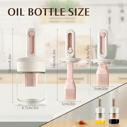 2 Pack Oil Dispenser with Brush, Glass Olive Oil Dispenser Bottle with Telescoping Silicone Basting Brush and Locked Lid for Kitchen Cooking Vinegar Sauce BBQ Grill Frying (White+Pink)
