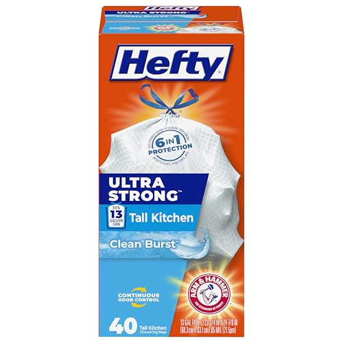 Hefty Ultra Strong 13 Gallon Trash Bags, Tall Kitchen Trash Bags 13 Gallon Size, Drawstring Closure, Continuous Odor Control, White, Clean Burst Scent, 40 Bags - size: 40 Count (Pack of 1), style: Clean Burst