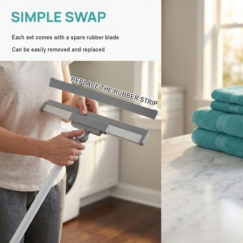 Floor Squeegee Broom - 52" Long Handle Rubber Scrubber for Bathroom, Tile, Shower, Glass, Pet Hair, Hardwood Floor - Adjustable Long Handle, Water Wiper with Replacement Blade (White) - color: White