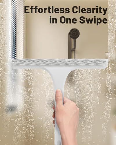 2-in-1 Silicone Shower Squeegee with Hook,Dual-Sided Design with Scraper & Scrub Surface,Streak-Free Bathroom Squeegee for Glass Doors,Mirrors,Windows,Car Windshields (White) - color: White