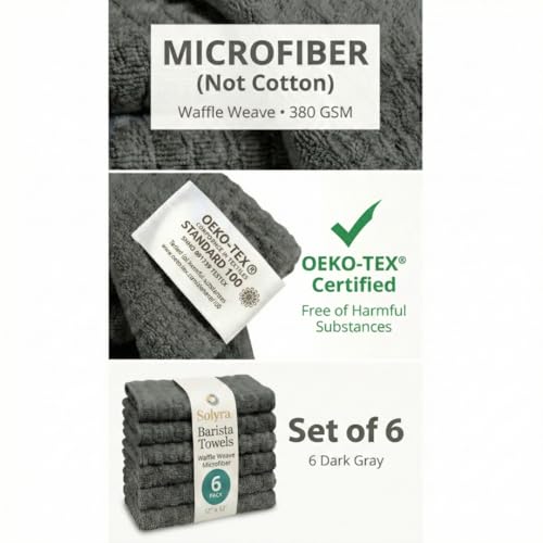 Solyra Barista Towels, 6 Pack, 12 x 12 in, Dark Gray | OEKO-TEX Certified, Barista Microfiber Cloths, Espresso Towels for Steam Wands & Drip Trays - color: Dark Gray