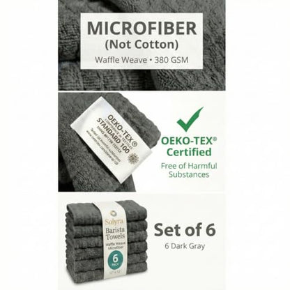 Solyra Barista Towels, 6 Pack, 12 x 12 in, Dark Gray | OEKO-TEX Certified, Barista Microfiber Cloths, Espresso Towels for Steam Wands & Drip Trays - color: Dark Gray