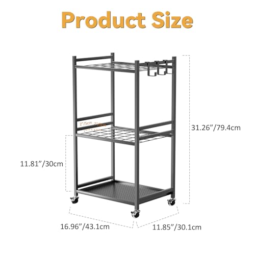 Cuteam Garden Tool Organizer, 35-Slot Steel Rolling Rack with Wheels, Adjustable Feet Yard Tool Rack for Shovels, Rakes, Brooms and Cleaning Equipment, Efficient Tool Organization System (Black)