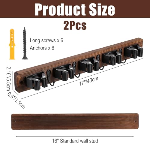 2 Pack Broom Holder Wall Mount Rustic Wood Broom Hanger Wall Mount With 5 Slots And 4 Hooks Mop And Brooms Organizer Walls Hanging For Laundry Rooms Garage Kitchen Closet Decor Brown