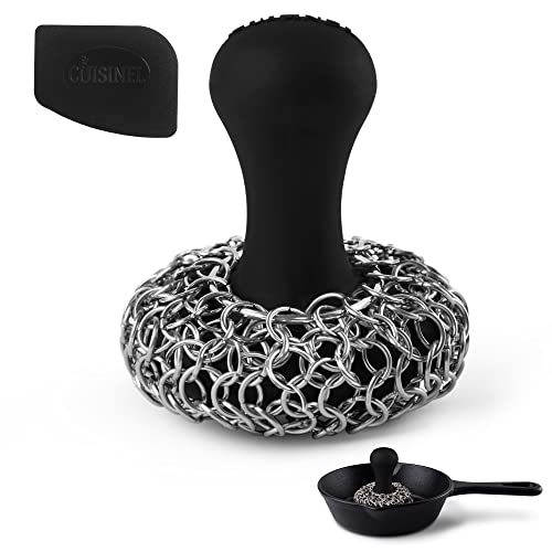 Cuisinel Cast Iron Chainmail Scrubber + Pan Scraper - Ergonomic Design Stainless/Silicone Cleaner for Pots & Skillets - Easy to Clean, Dishwasher Safe, Cookware Sponge Accessory - color: Black, size: Standard