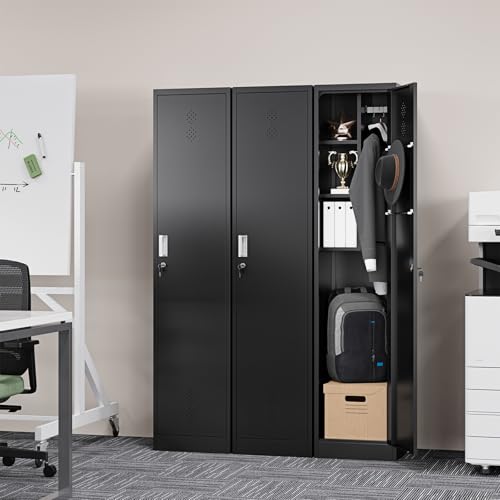 Letaya Broom Closet Storage Cabinet,Metal Cleaning Supply Tool Cabinet,Utility Cabinets for Brooms & Mops Black Garage Organization Cabinet for Laundry Room, Bathroom