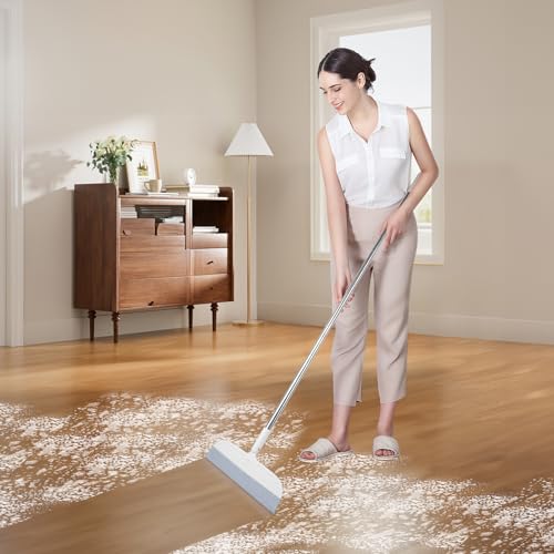 PRATIQUE 53.5-Inch White Rubber Broom Squeegee with 180 Rotating Head, Long Handle Multifunction Scraping Silicone Broom Floor Sweeper, Pet Hair Remover, Window, Mirrors, Tile Cleaning