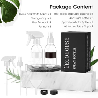 Tecohouse Glass Spray Bottles 4 OZ, Empty Small Spray Bottles 2 Pack for Essential Oils, Cleaning Solutions, Plants, Hair Mister, withDurable Nozzle, Labels, Funnel, Pipettes Clear - color: Clear White Lids