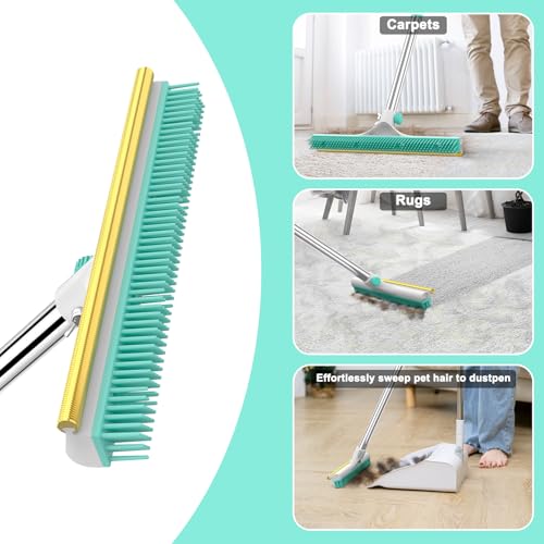Carpet Rake for Pet Hair Removal - 60" Adjustable Long Handle Carpet Rake, 3 in 1 Reusable Pet Hair Removal Tool Kit, Cat Dog Fur Rakes Scraper Carpet Broom (White) - color: White, size: 60inch
