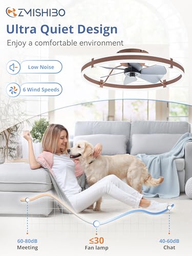 ZMISHIBO 24 Inch Ceiling Fans with Lights and Remote, Modern Low Profile Ceiling Fan, 3000-6000K Dimmable Flush Mount LED Fan Light, 6 Wind Speeds, Fandelier Ceiling Fans for Bedroom- Brown - color: Brown, size: 24 INCH