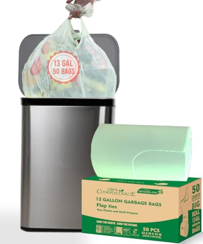 BEIDOU-PAC 13 Gallon Flap Tie Compostable Trash Bags, 50 Count, Compost Bags Tall Kitchen Trash Bags, Sturdy Garbage Bags Food Scrap Waste Bags, ASTM D6400, US BPI Certified, Green - style: Flat ties | 13 Gallon | 50 Count