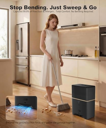Touchless Vacuum Automatic Dustpan, Bagged Design with Replaceable Dust Bags, Up to 3-Month No Cleaning, 26,000Pa Powerful Suction, One-Touch Auto & Manual Mode for Pet Hair Kitchen & Salon - color: Black