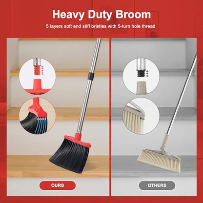 Large Upright Broom and Dustpan, Heavy Duty Dust Pan with 51" Long Handle for Indoor Outdoor Garage Kitchen Room (Black and Red) - color: Black and Red
