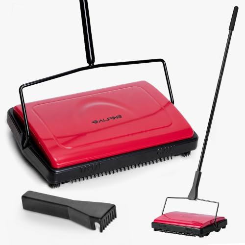 Alpine Manual Carpet Sweeper - Non Electric Triple Brush Push Floor Sweeper for Carpets, Rugs and Vinyl Floors - Red (Improved) - color: Improved Red