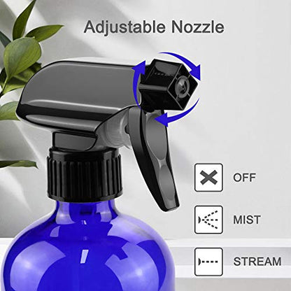 Worldgsb Glass Spray Bottles, 16oz Refillable Containers, Empty Boston Round Bottles with Labels & Adjustable Nozzle for Cleaning, Gardening, Aromatherapy, Pets, Plant, Hair -Blue (2 Pack) - color: Blue, style: 2 Pack