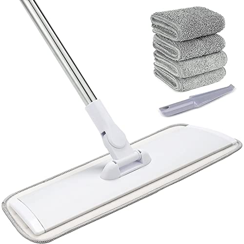 18" Professional Microfiber Mop Floor Cleaning System, Flat Mops with Stainless Steel Handle, 4 Reusable Washable Mop Pads, Wet and Dust Mopping for Hardwood, Vinyl, Laminate (White&Grey) - color: White&grey