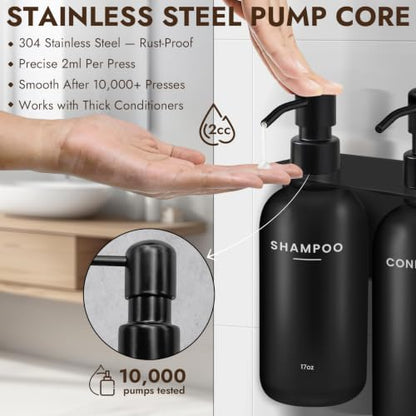 Shampoo and Conditioner Dispenser - Wall Mount Soap Dispenser with Soap Dish & Towel Hook, No Drill Adhesive Bathroom Organizer, Refillable Bottles with Stainless Steel Pump for Home Hotel Spa - Black - color: Black