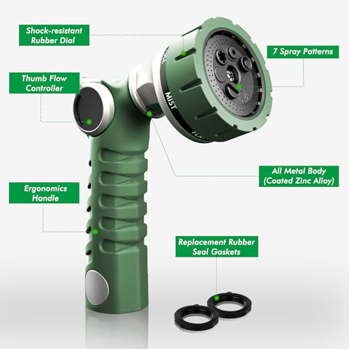 RESTMO Heavy Duty Hose Nozzle, Metal Garden Water Hose Sprayer with 7 Watering Patterns, Thumb Control, On Off Valve, High Pressure Nozzle Sprayer for Watering Plants, Car and Pet Washing, Green - color: Green