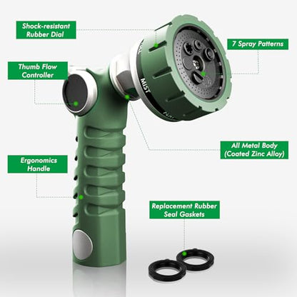RESTMO Heavy Duty Hose Nozzle, Metal Garden Water Hose Sprayer with 7 Watering Patterns, Thumb Control, On Off Valve, High Pressure Nozzle Sprayer for Watering Plants, Car and Pet Washing, Green - color: Green