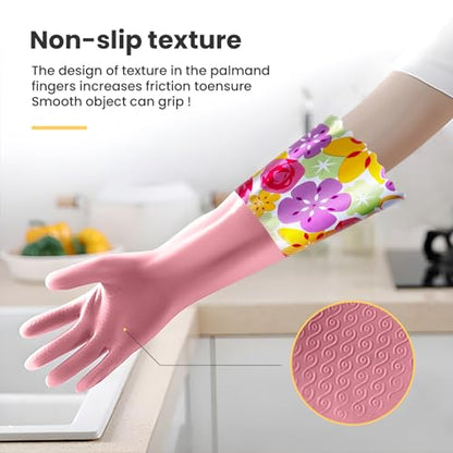 KAQ 3 Pairs Rubber Cleaning Gloves, Reusable Dishwashing Gloves for Kitchen with Cotton Liner, Long Cuff 16", Waterproof Non-Slip Household Gloves for Bleaching Bathroom, Laundry, Gardening (Large) - size: Large(Pack of 3)