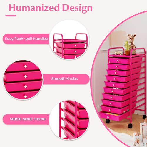 DREAMADE Rolling Cart with Storage Drawers, Utility Cart w/Removable Plastic Drawers, Lockable Wheels, Art Cart for Classroom Organization Art Supplies Office Scrapbook (10 Drawers, Hot Pink) - color: Hot Pink, style: 10 Drawers