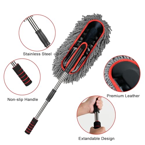 Car Duster Exterior Scratch Free,Microfiber Car Duster with Extendable Handle, with 3PCS Detailing Brush, Exterior Interior Multipurpose for SUV,Truck,RV