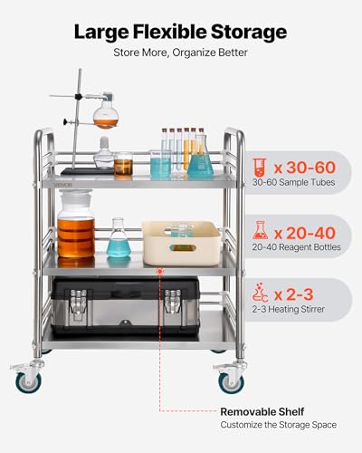 VEVOR Stainless Steel Rolling Cart, 3-Tier Metal Utility Cart with Lockable Wheels, Medical Serving Trolley Clinic Tray, Mobile Service Cart for Hospital, Lab, Restaurant, Kitchen, Salon - size: 3-Layer Shelf