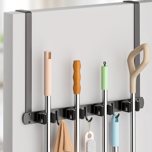 Broom Holder Over The Door - 304 Stainless Steel Mop and Broom Holder Wall Mounted or Hanging Over The Door with Hooks - Broom Hanger, Broom Storage Tool Organizer for Garage Closet Laundry - color: Black