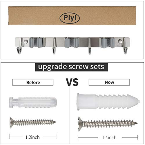 Broom Mop Holder Wall Mount Broom Hanger Wall Mounted Metal Organization Garage Storage Garden Kitchen Tool Organizer With 4 Racks and 5 Hooks (Silver, 1 Pack 3R4H)…