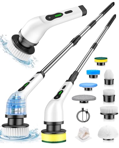 Electric Spin Scrubber, Cordless Cleaning Brush, Shower Scrubber with 8 Brush Heads 2H Power Dual Speed, Adjustable Extension Handle, IPX7 Waterproof for Tub Tile Car Floor Polishers, PA-25.