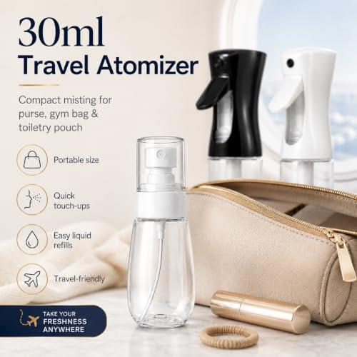 3 Pack Spray Bottles, Continuous Mist Sprayer, Water Spray Bottle for Hair, Hair Mister, 200ml x2 + 30ml Refillable Fine Mist Set - for Styling, Plants, Cleaning & Home Use (Black & White) - color: Black+White