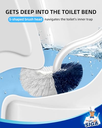 MR.SIGA Toilet Brush with Holder, Under Rim Toilet Bowl Brush with Curved Design for Hard to Reach Corners, 16.2 inch(41.1cm) Long Handle, White & Gray, 1 Pack