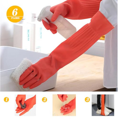 6-Pair 17.8-Inch Elbow - Length Reusable Rubber Waterproof Household Cleaning and Kitchen Dishwashing Gloves - size: Small